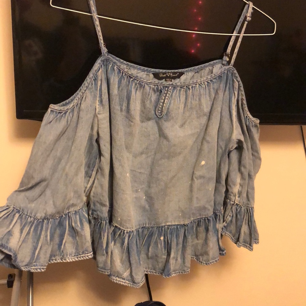 Denim peplum bell sleeve top - velvet heart